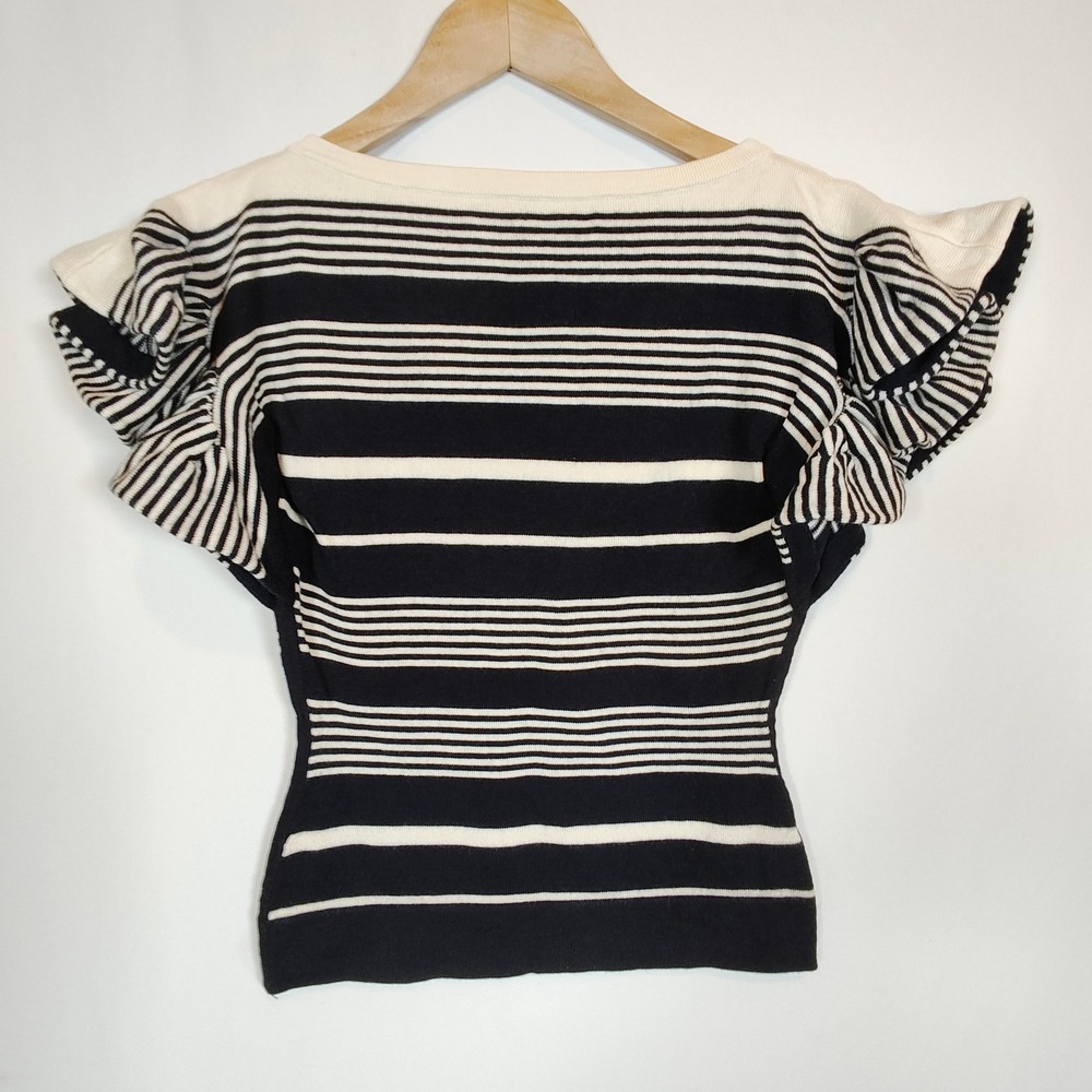 GREY Knit Top Women's XS Navy White Ruffle Sleeve Striped Boat Neck